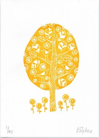 Spring Tree in Orange Original Art Gocco Serigraph Print in a Limited Edition of 40